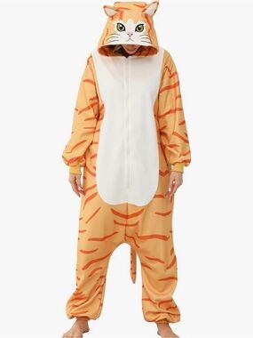 Orange Cat Onesie with Hood and Face Detail adult M